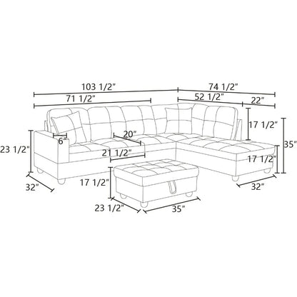 3-Piece L Shape Sectional Sofa with Right Chaise, Storage Ottoman, Modern Faux Leather Living Room Couch Set W, Sofa