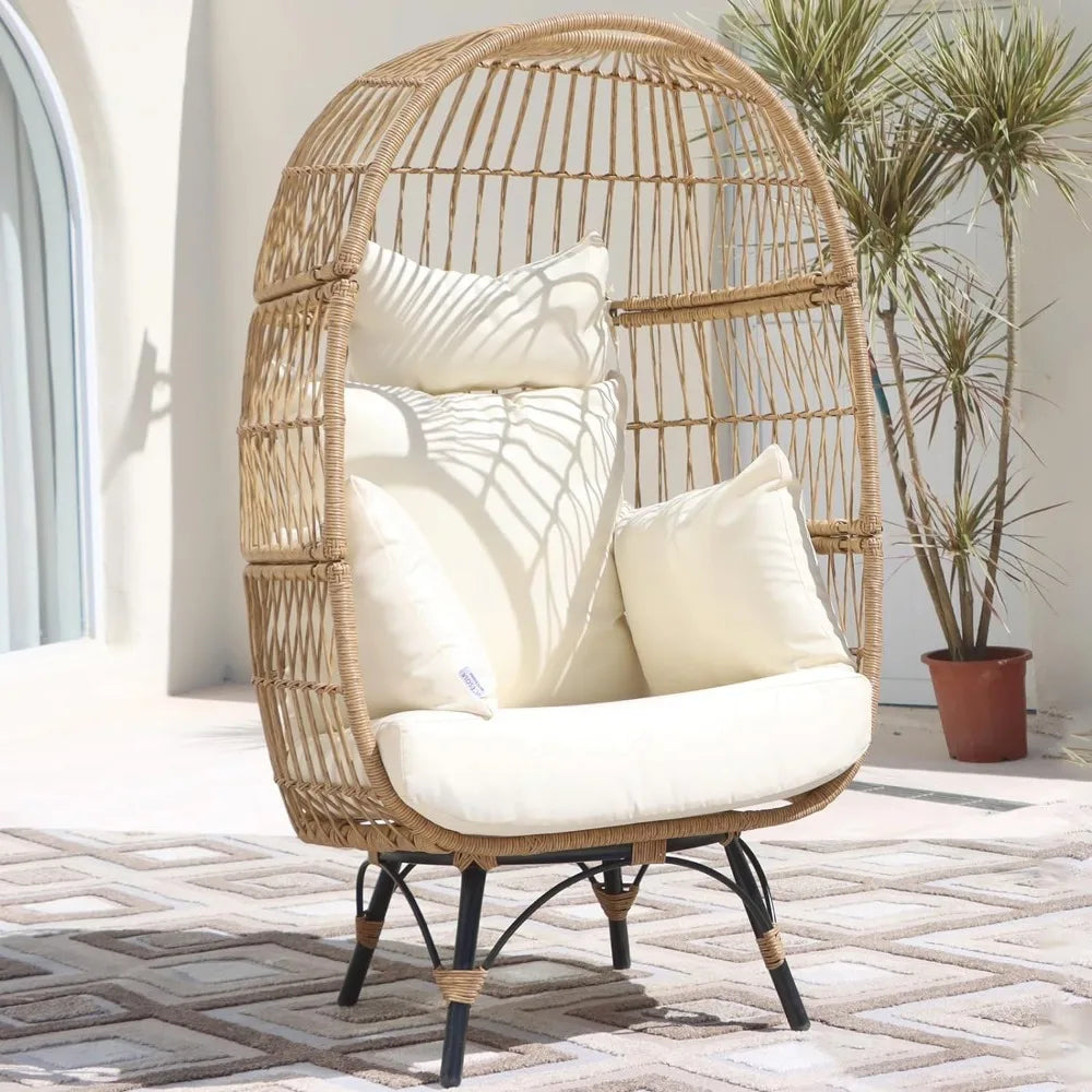 Patio Stationary Egg Chair with Thicken Cushions, Indoor Outdoor Large PE Rattan Egg Basket Chair,Beach Chairs