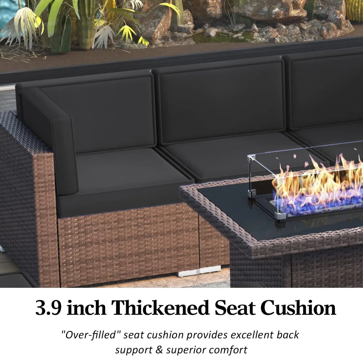 8 Piece Patio Furniture Set with 44" Propane Gas Fire Pit Table, Set Wicker Rattan Sofa Set and Coffee Table Rattan Möbel