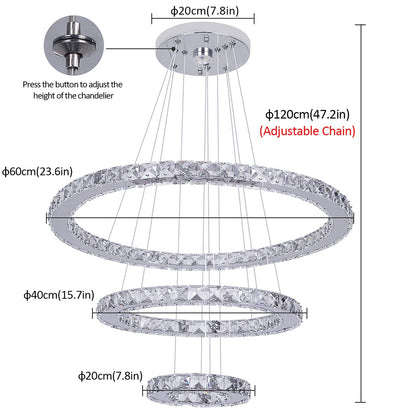 Lámpara de araña LED de cristal de lujo, luminaria para el hogar, anillos, lámpara colgante ajustable con control remoto para dormitorio y sala de estar