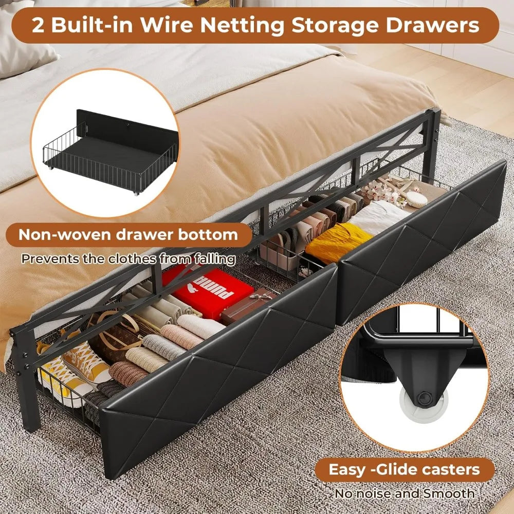 California King Bed Frame with Hidden Storage and 2 Drawers Metal Cal King Size Platform Bed