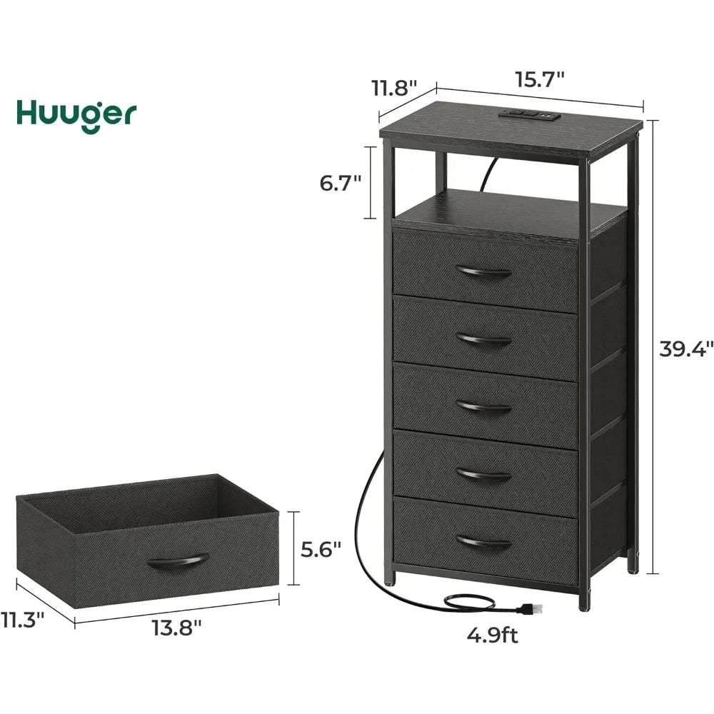 Commode à 5 tiroirs avec station de charge, commode pour chambre à coucher, table de chevet haute, commode avec étagère ouverte