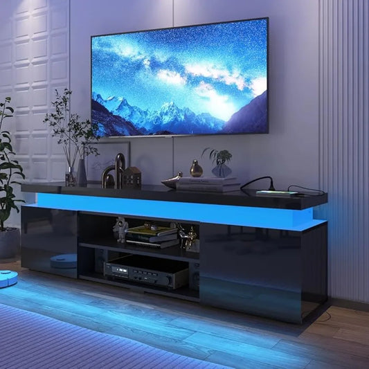 Meuble TV LED Console TV haute brillance Centre de divertissement avec rangement pour salon, chambre à coucher