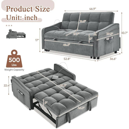 3 in 1 Sleeper Sofa Couch Bed with USB & Type C Port, 52" Small Modern Convertible Tufted Velvet Loveseat Sofa w/Pull Out Bed