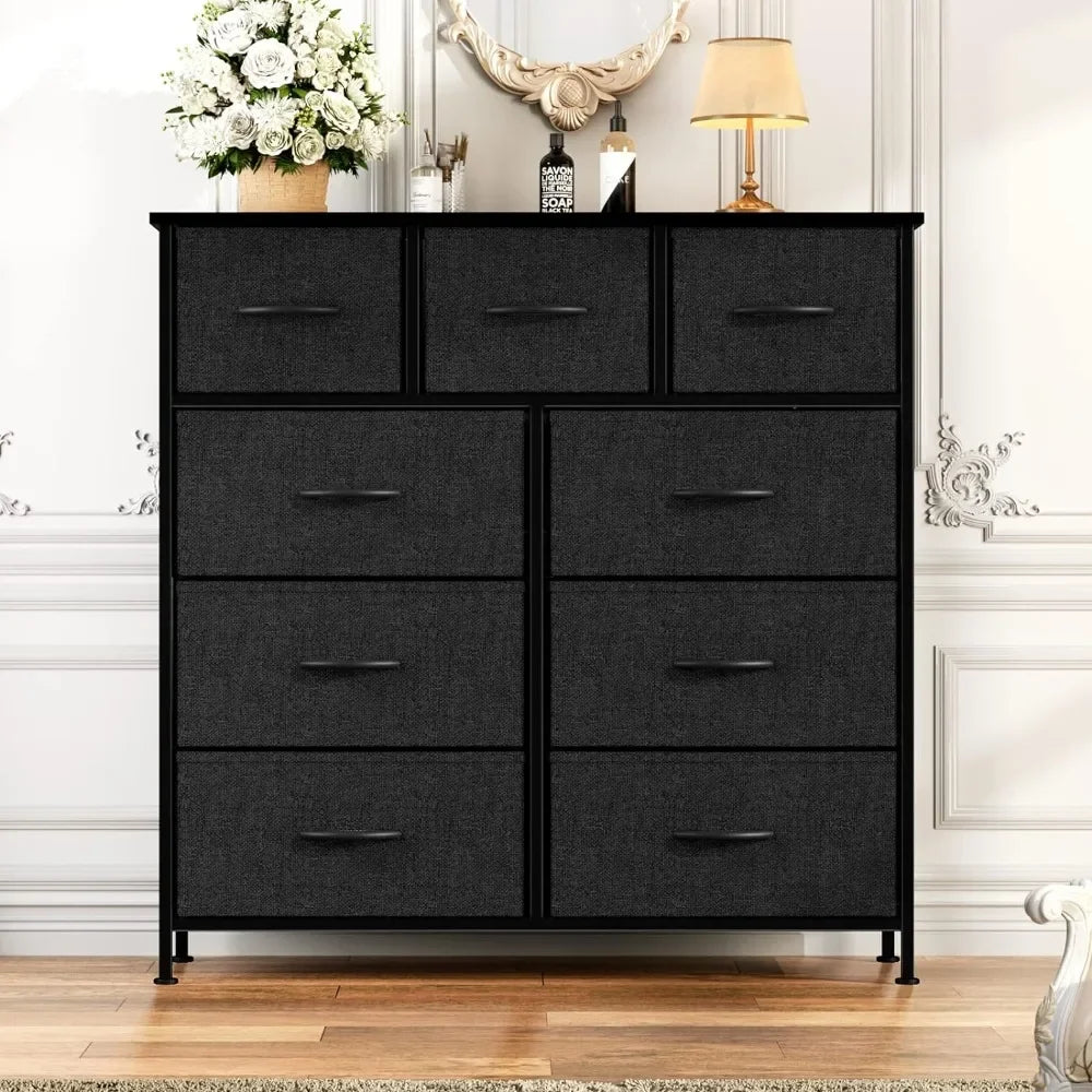 Dressing Cabinet, 9-drawer Dresser, Chest of Drawers with Fabric Storage Bins, Tall Dresser with Wooden Tops