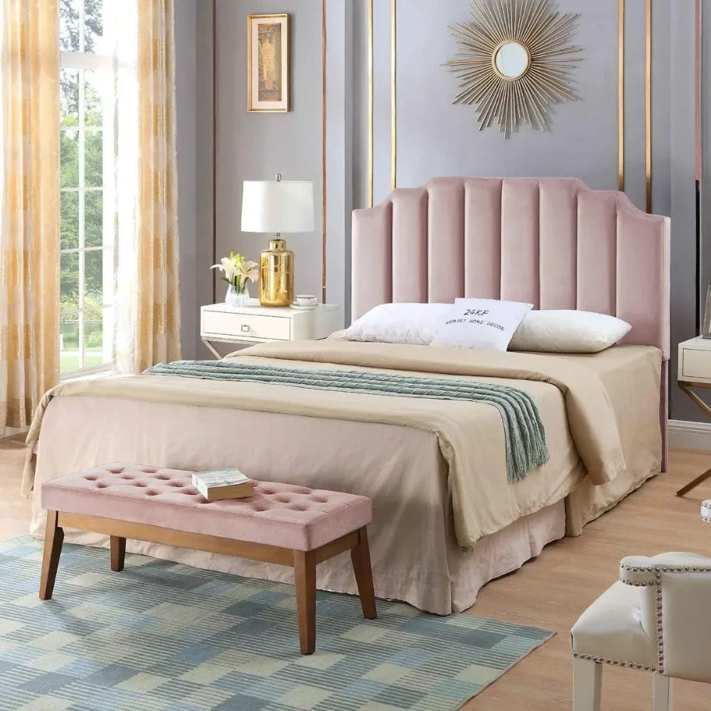 Cabecero de cama tamaño queen tapizado en terciopelo rosa, cabecero de cama tamaño queen, cabecero capitoné para cama tamaño queen, cama tamaño queen, canal vertical moderno