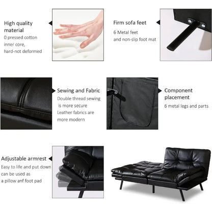 Convertible Futon Sofa Bed, Futon Couch Bed Memory Foam Loveseat,Small Sleeper Sofa Lounger For Compact Living,Black Leather