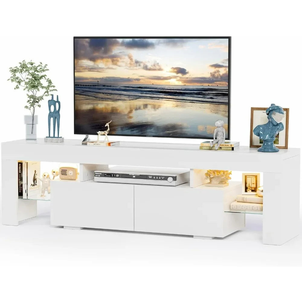 Modern LED TV Stand for Televisions up to 70 Inch with Glass Shelves and Drawer, Gaming Entertainment Center for Living Room