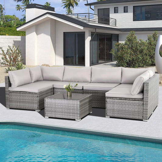 7 Pieces Patio Furniture Set, Modular Patio Set Wicker Outdoor Sectional Sofa Set PE Rattan Wicker Patio 3Pcs