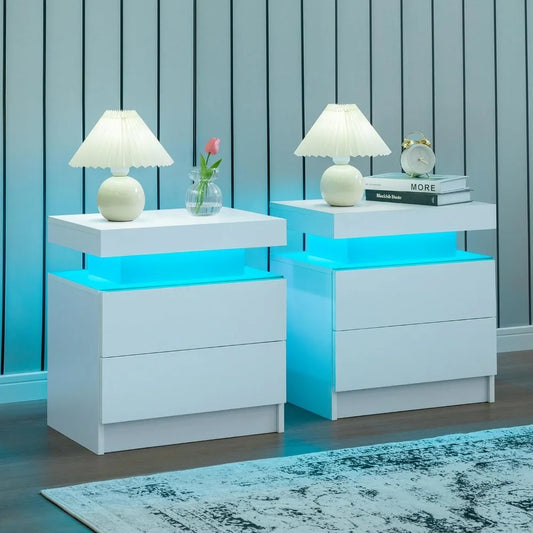 Lot de 2 tables de chevet LED avec 2 tiroirs, table de chevet avec tiroirs pour meubles de chambre, table de chevet d'appoint avec LED