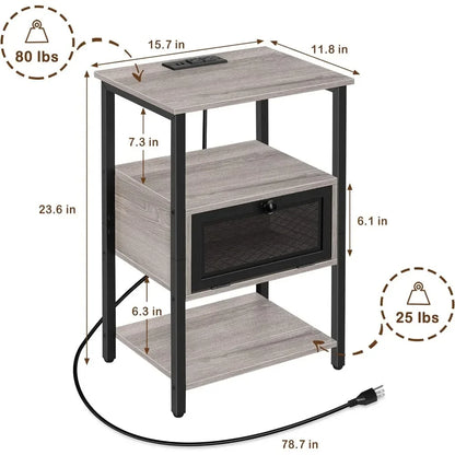 Juego de mesita de noche de 1 pieza con estación de carga, mesita de noche para dormitorio, sala de estar, gris, mesas auxiliares