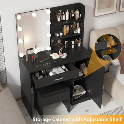 Coiffeuse avec miroir éclairé, tiroir de bureau et armoire de rangement, coiffeuse avec miroir pour chambre à coucher, salle de bain, noir