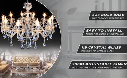 Elegant Glass Crystal Chandelier Ceiling Pendant Lighting Decor 10-Light Golden Hanging Lamp For Living Room Bedroom Room Lobby