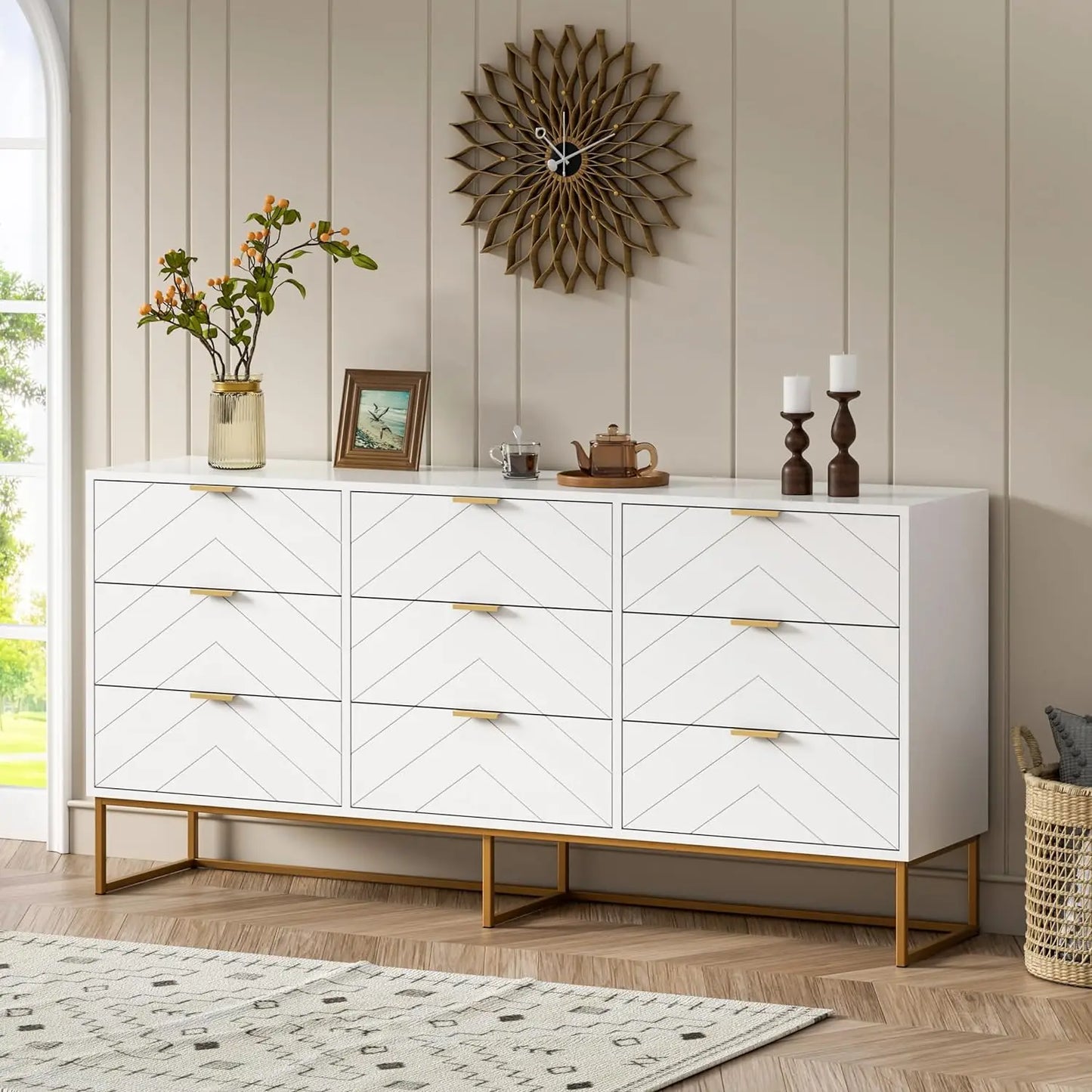 3 / 9 Drawers, Chest of Drawers,Dressers with Storage,Storage Cabinet with Golden Legs for Bedroom, Living Room, White / Black