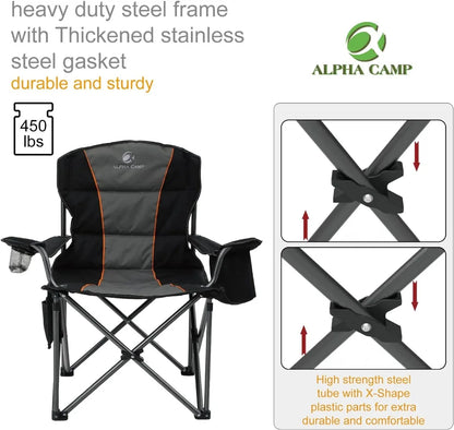 ALPHA CAMP Oversized Camping Folding Chair, Heavy Duty Support 450 LBS Steel Frame Collapsible Padded Arm Chair with Cup Holder