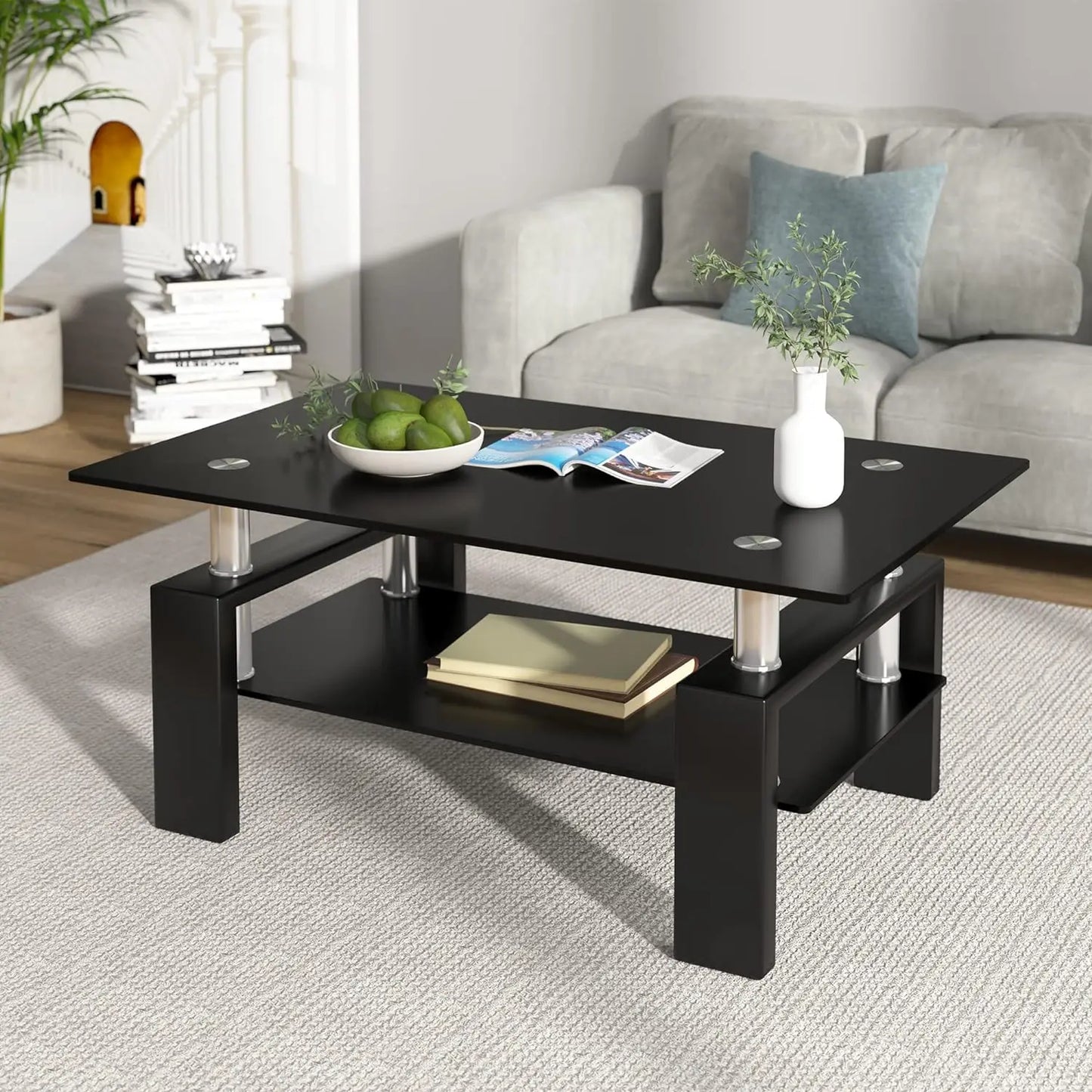 Rectangle Glass Coffee Table 2-Tier Tea Table Modern Side Coffee Table for Living Room