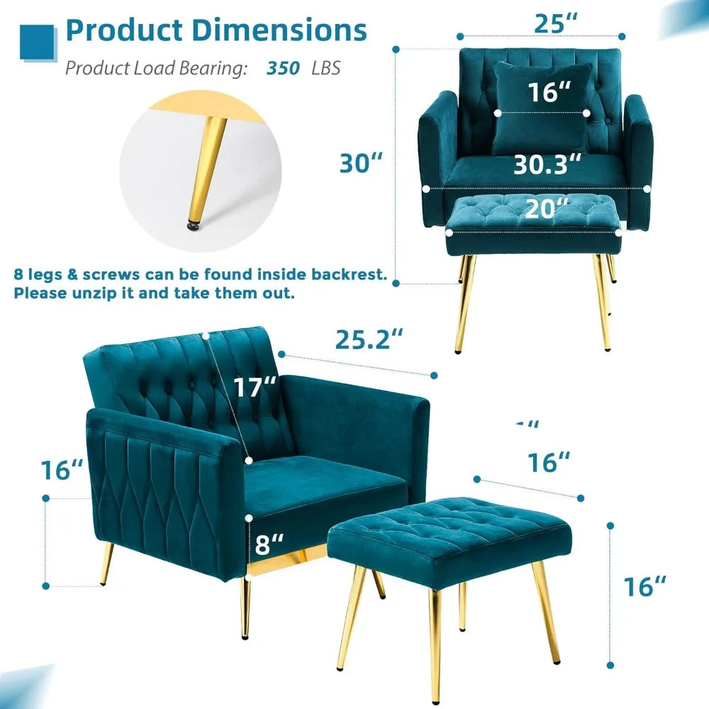 Fauteuil d'appoint avec accoudoirs et dossier réglables, fauteuil inclinable simple avec pouf et oreiller pour le salon