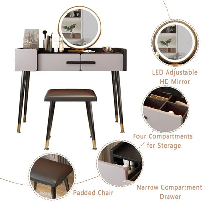 Coiffeuse avec miroir et lampe, 3 modes d'éclairage, ensemble de commode de chambre à coucher avec 3 tiroirs pour femmes / filles gris