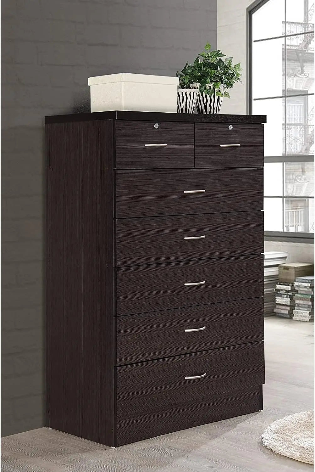 Commode en bois à 7 tiroirs pour chambre à coucher, commode de 31,5 pouces de large, avec 2 serrures sur les tiroirs supérieurs, organisation de rangement