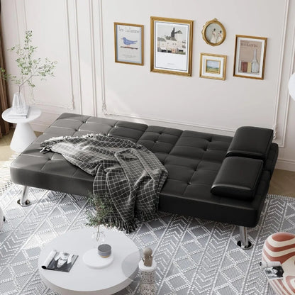 Canapé-lit futon convertible pliable pour salon, canapé-lit rembourré en similicuir avec accoudoirs amovibles, blanc