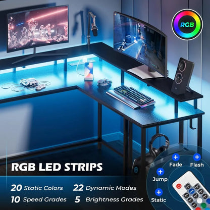 L-shaped gaming table with power socket and LED lights, computer desk with monitor stand, corner table with hooks, black