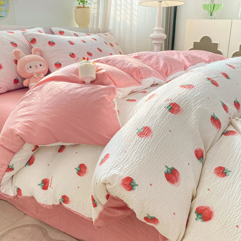 Juego de funda de edredón con diseño de fresas, sin relleno, sábanas planas y fundas de almohada, ropa de cama de verano suave para niñas y niños de tamaño doble coreano