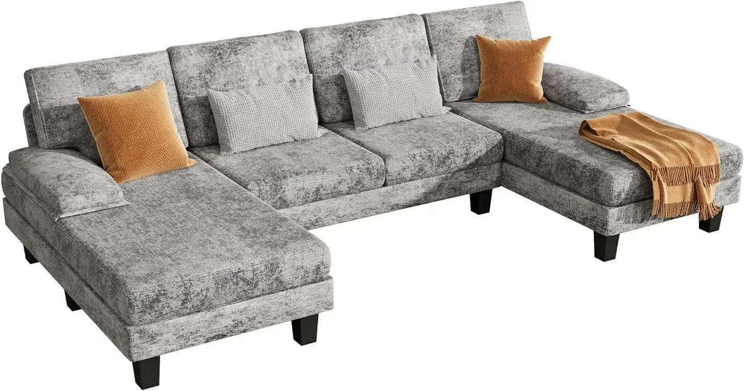 Convertible Sectional U-Shaped Couch with Soft Modern Cotton Chenille Fabric for Living Room, 4 Seats Oversized Sofas