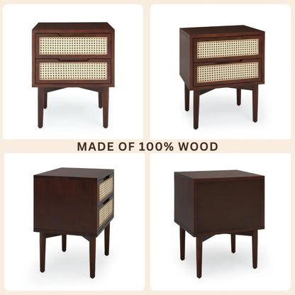 Bed Table 2-Drawer Bedside Tables Oliver Solid Wood Rattan Nightstand/Side End Table Fully Assembled Furniture Sofa Bedroom Home