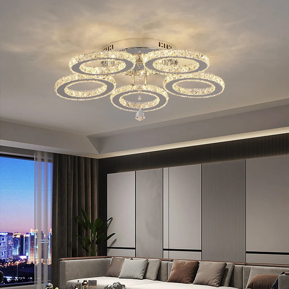 Crystal 5-Ring Fan Light Living Room Ceiling Light Stainless Steel Fixture Fandelier Plafon Fan Lamps Luminaire Led Chandelier