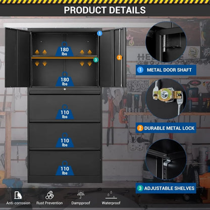 3 Drawers Lateral File Cabinet with Lockable Drawer and Door- Large Steel Filing Cabinet for Home Office Hanging Files Letter
