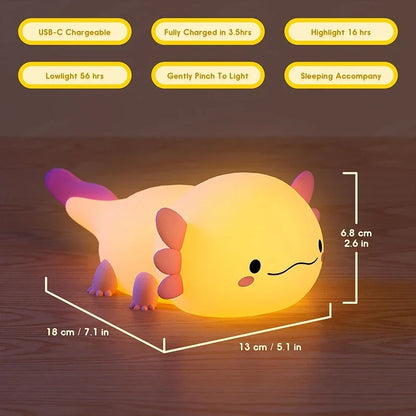 Bonita luz de noche de axolotl de silicona, lámpara para dormir para guardería, luces de noche con control táctil, lámpara de mesa recargable por USB para bebés y niños