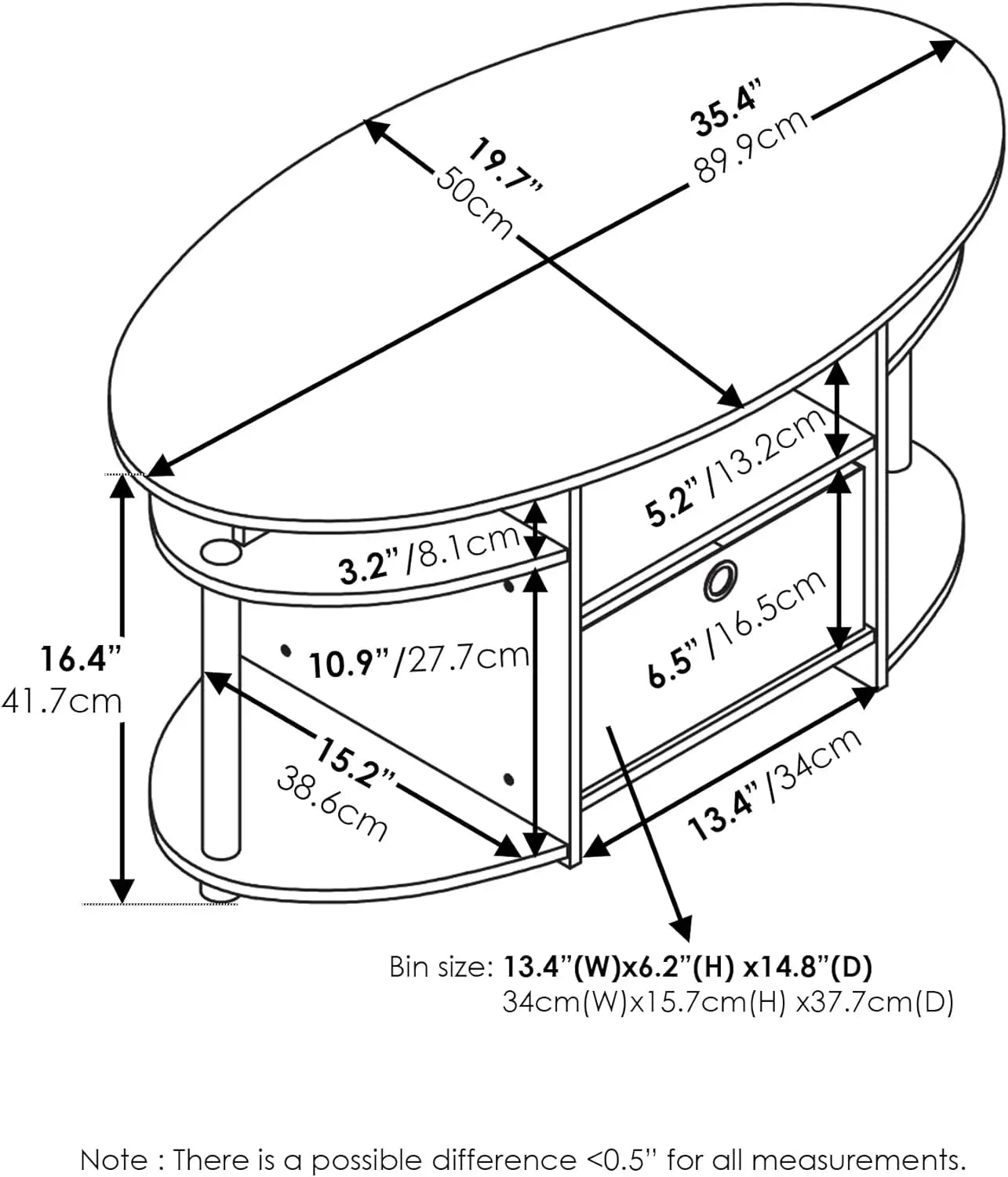 Simple Design Oval Coffee Table with Bin for Living Room, Walnut