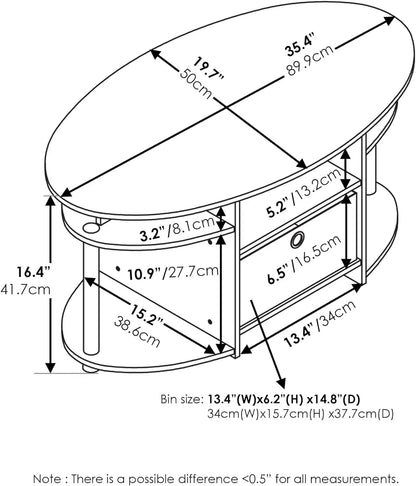 Simple Design Oval Coffee Table with Bin for Living Room, Walnut