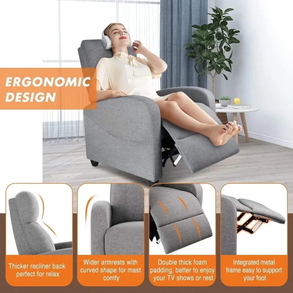 Sillón reclinable para adultos, sillón de sala de estar, sillón reclinable pequeño de tela para masajes, asientos de cine en casa con soporte lumbar