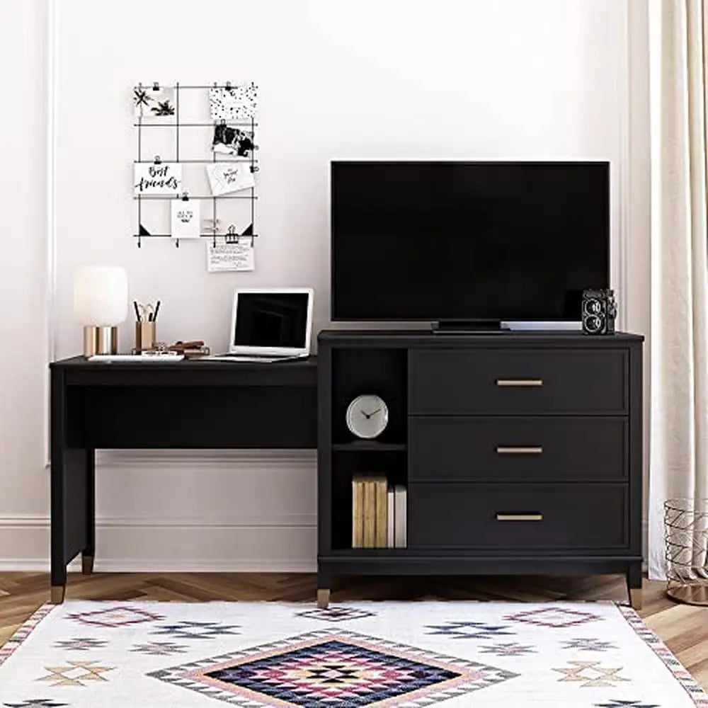 Westerleigh 3-in-1 Media Dresser Black Gold Accents Spacious Drawers Laptop Desk Safety Features 72.4"W x 19.6"D x 33.3"H