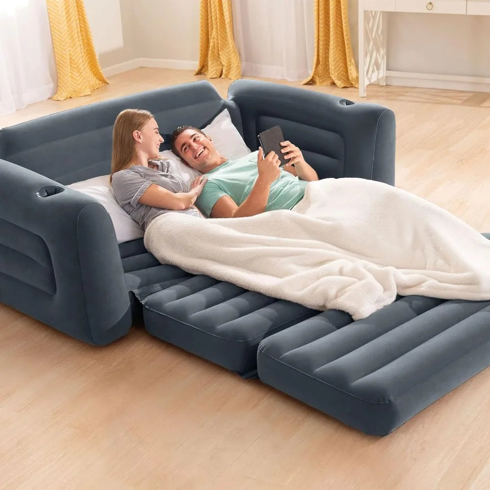 Juego de muebles inflables con sofá cama extraíble, colchón de aire de tamaño doble y 2 sofás cama extraíbles, sofá futón para dormir