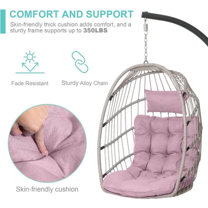 Hanging Egg Chair with Stand, Egg Swing Hammock Chair with Stand, Indoor Outdoor Wicker Egg Chair with Cushion Headrest,Swing