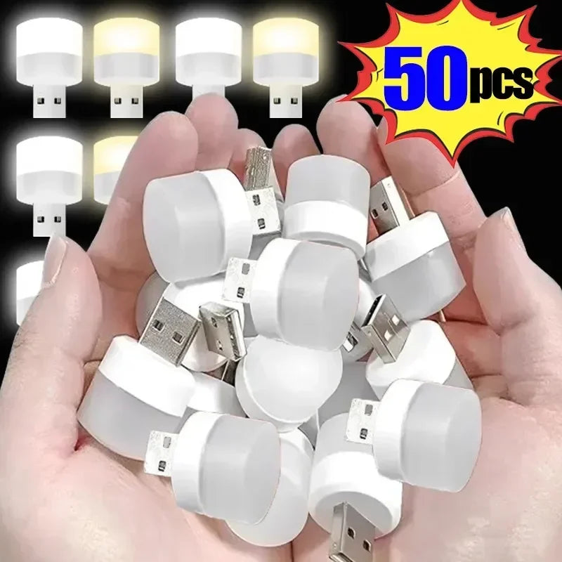 50-1PCS USB Night Light Mini LED Night Light USB Plug Lamp Power Bank Charging USB Book Lights Lámpara redonda de lectura con protección para los ojos