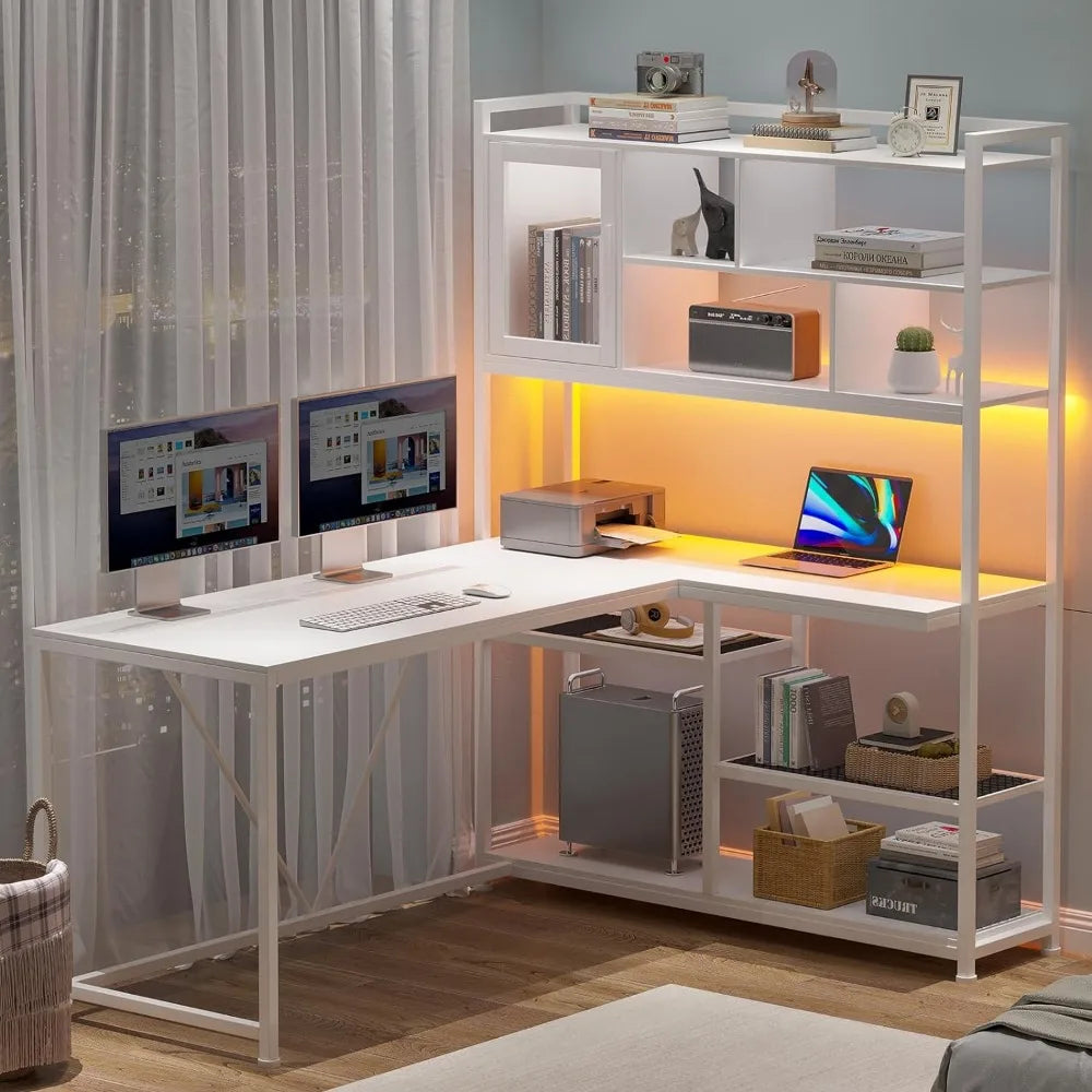 Bureau d'ordinateur en forme de L, bureau de 58 pouces avec lumière LED et étagère, en forme de L avec étagères de rangement pour bureau à domicile