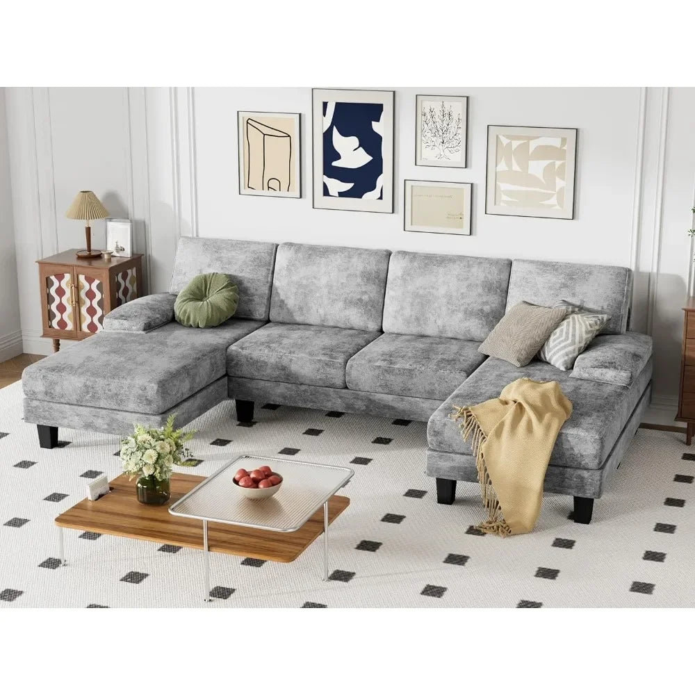 Convertible Sectional Sofa U-Shaped Couch with Soft Modern Cotton Chenille Fabric for Living Room, Oversized Seats