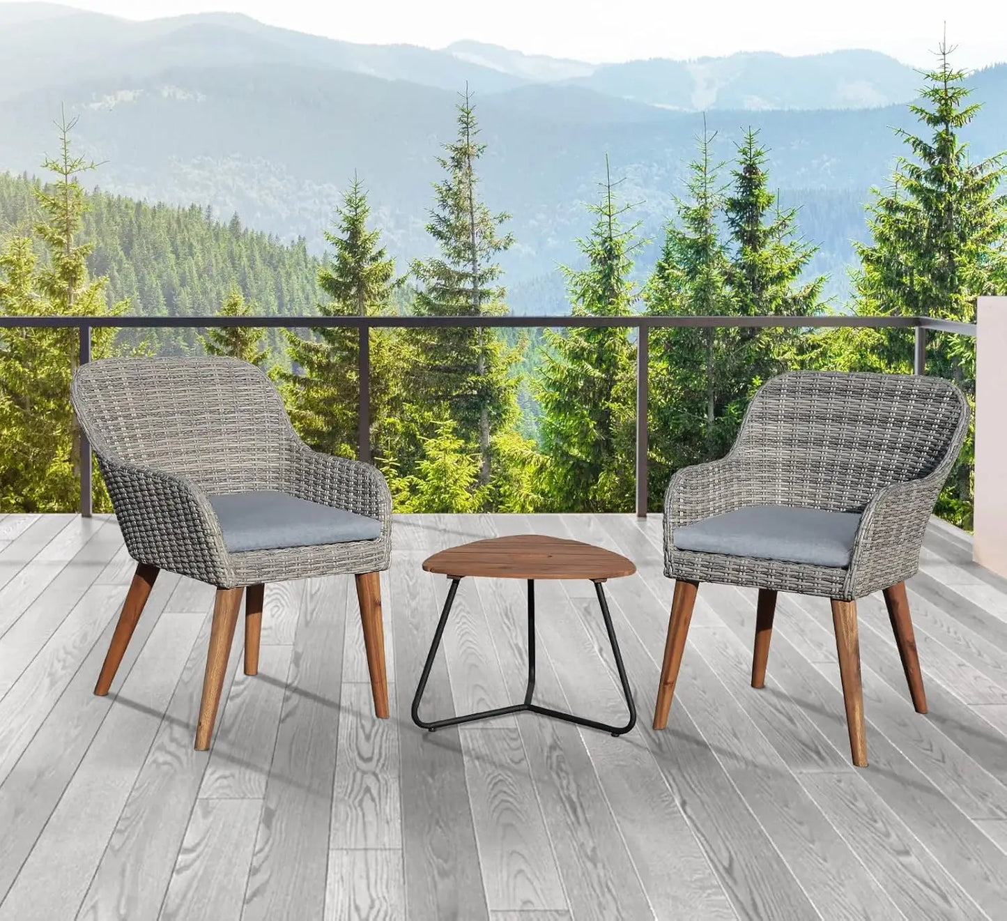 Juego de 2 sillas de comedor para patio con patas de madera, sillas de mimbre de ratán para exteriores con cojines de asiento para césped, terraza, porche y balcón