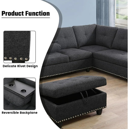 L Shaped Sofa Modern Sectional Couches for Living Room, Bedroom, Office, Dark Grey with Right Chaise