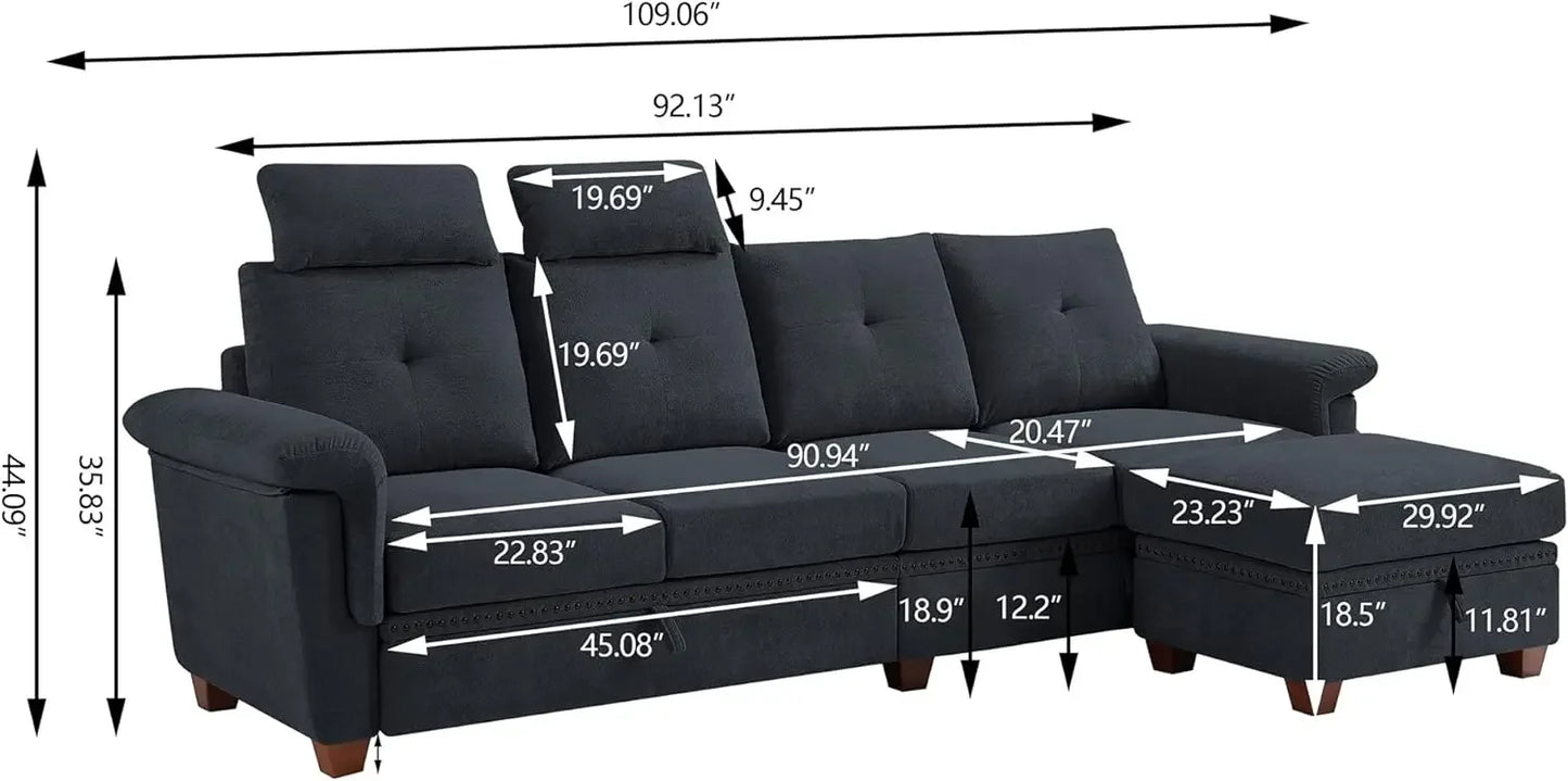 Convertible Sectional Sofa with Storage,4 Seat L Shaped Couch with Chaise and Cup Holder,Modern Microfiber Fabric Sofas Couches