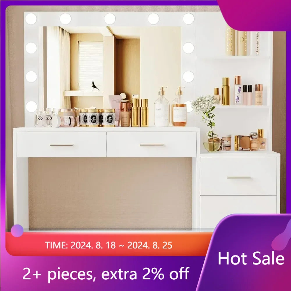 White RSZT106W Woman Dressing Table for Bedroom Furniture 46.7“ Makeup Vanity Table With Lighted Mirror Dresser 11 LED Lights