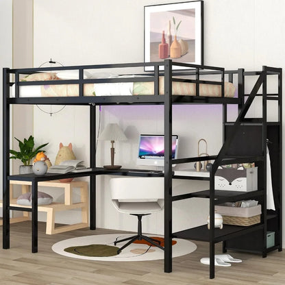 Full Size Loft Bed with Desk,Storage Stairs and Wardrobe,Full Loft Bed with Charging Station(USB Port,Outlets) and RGB LED Light