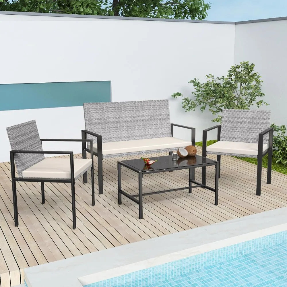 Ensemble de meubles de jardin, 4 pièces de mobilier d'extérieur dont 2 chaises en rotin et 1 causeuse, 1 table en verre trempé avec coussins