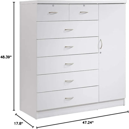 Hodedah 7 Drawer Jumbo Chest, Five Large Drawers, Two Smaller Drawers with Two Lock, Hanging Rod, and Three Shelves | White