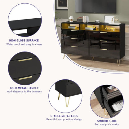 Black Dresser for Bedroom with LED Lights, 6 Drawer with Gold Legs, High Gloss Modern Wood & Chests of Drawers for Living Room