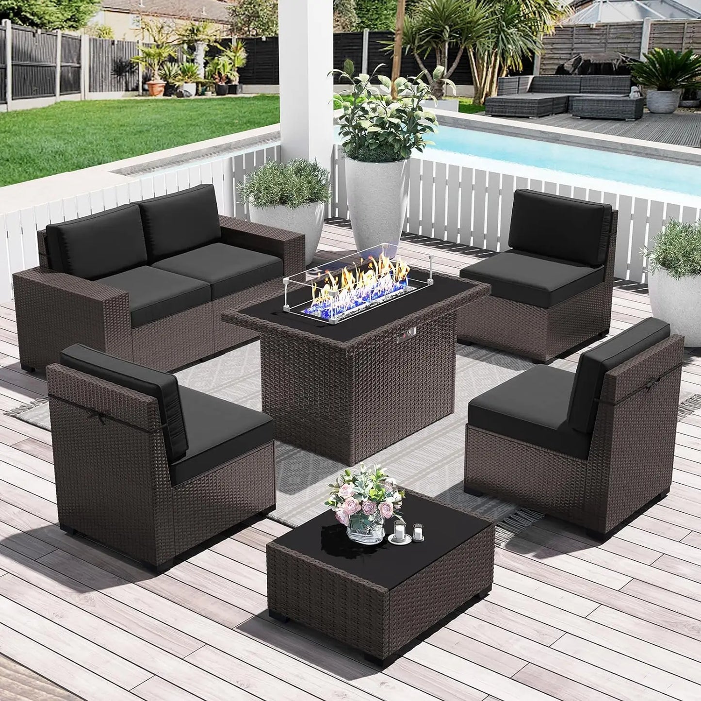 Juego de muebles de patio de 8 piezas con mesa para fogata a gas propano de 44", juego de sofá de mimbre y ratán y mesa de centro Rattan Möbel