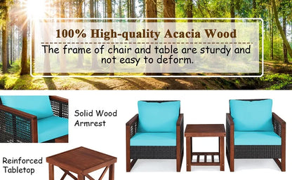 3 Pieces Patio Wicker Furniture Set, Rattan Outdoor Sofa Set w/Washable Cushion & Acacia Wood Coffee Table, for Garden Backyard